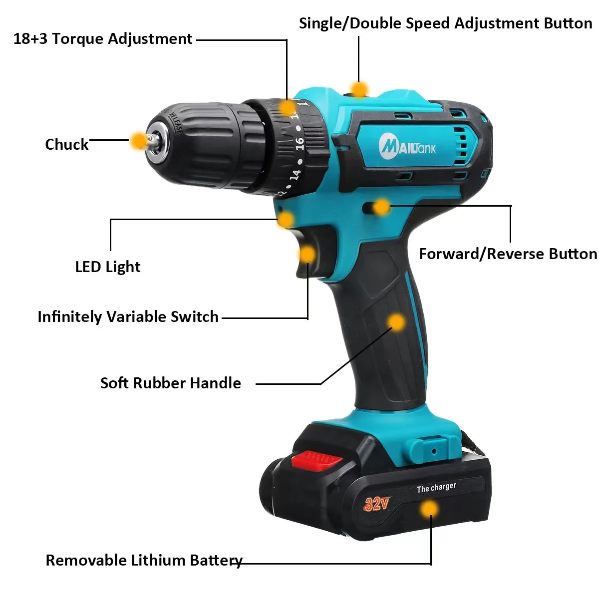 DEKO Perceuse Sans Fil 32V Brushless — Moteur Sans Balais, LED, Batterie Lithium