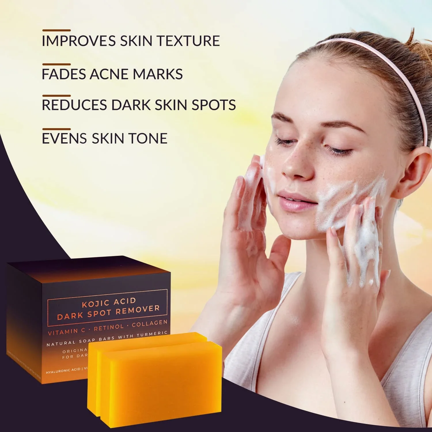 Savon Éclaircissant Acide Kojique – Vitamine C, Rétinol & Curcuma | Visage & Corps