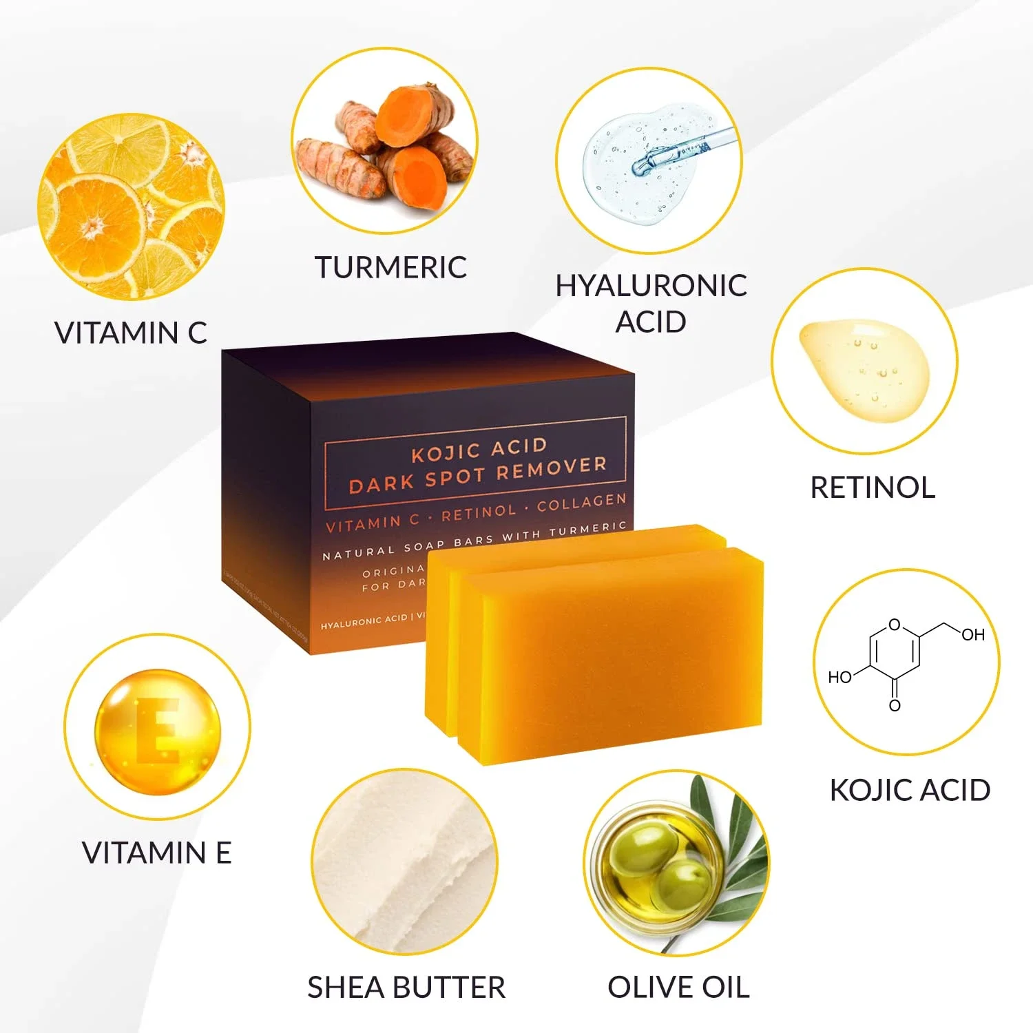 Savon Éclaircissant Acide Kojique – Vitamine C, Rétinol & Curcuma | Visage & Corps