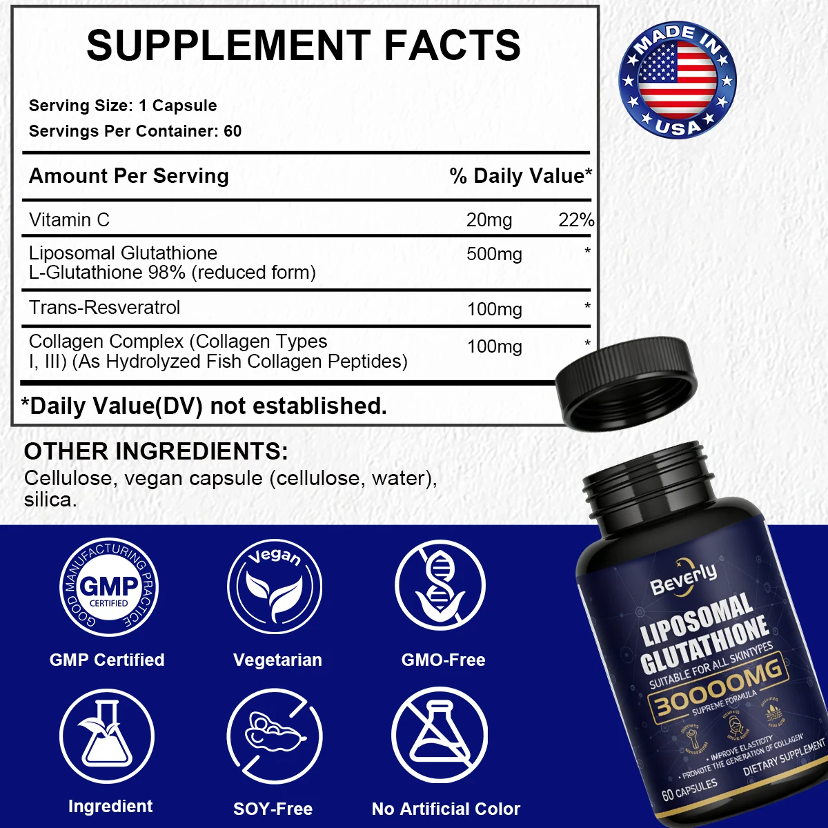 Beverly Glutathion Liposomal 60 Capsules – Vitamine C, Collagène, Resvératrol – Éclat & Peau Lumineuse