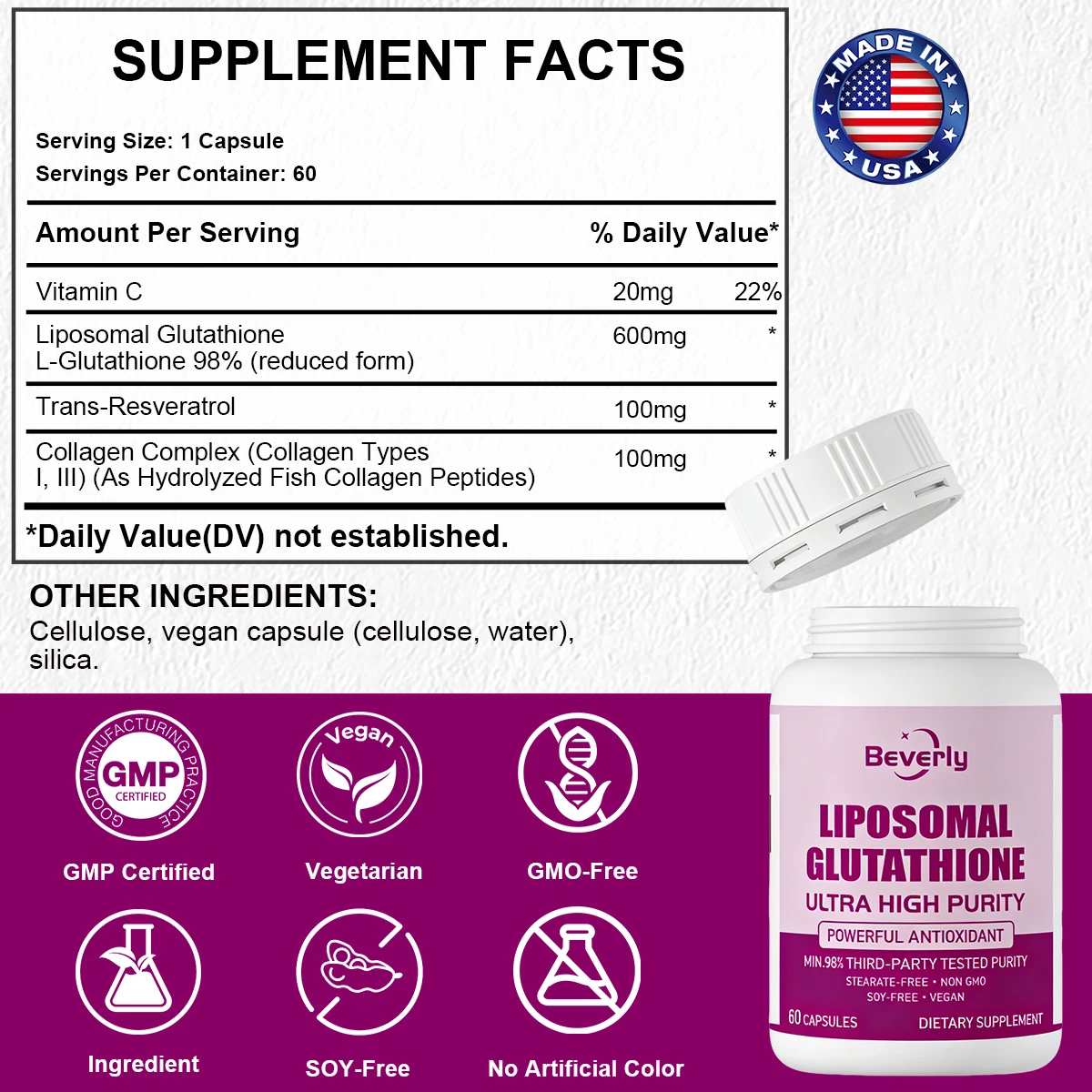 Capsules Glutathion + Collagène + Vitamine C Beverly | Éclat & Énergie | 60 capsules