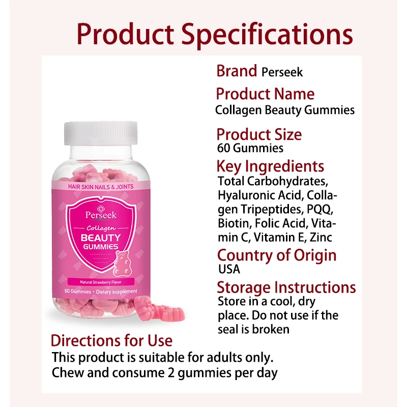 Perseek Beauty Gummies Vegan Collagène – Cheveux, Peau & Ongles | 60 Bonbons Gélifiés