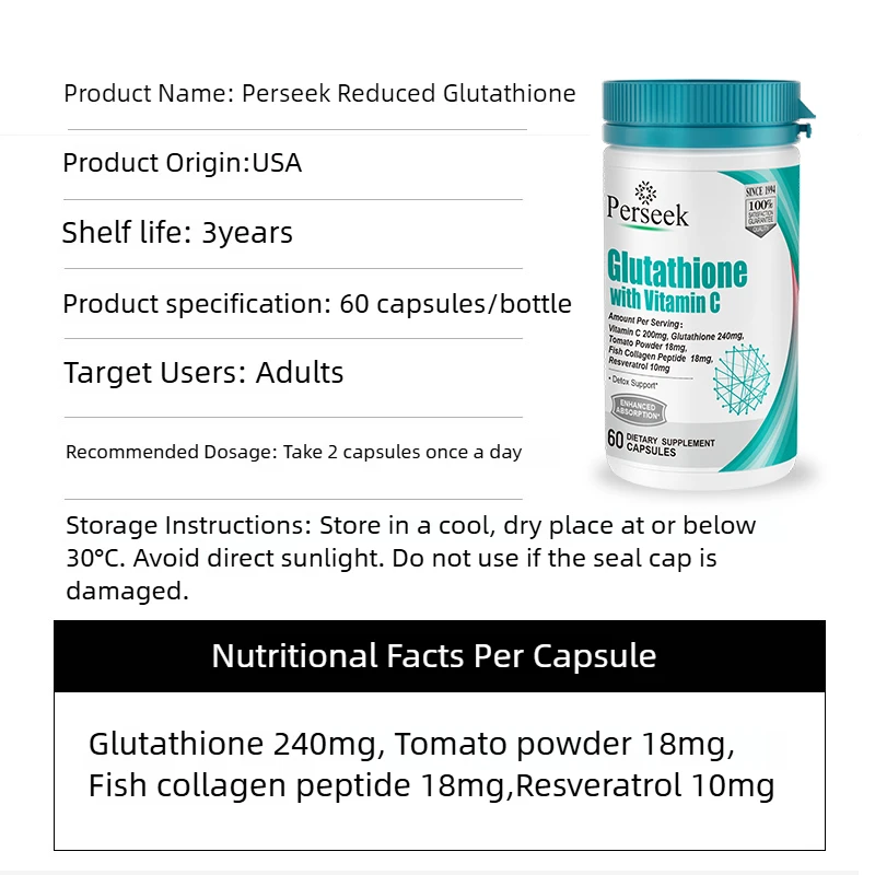 Capsules Glutathion Perseek 240mcg – Éclaircissement & Éclat de la Peau | 60 Capsules