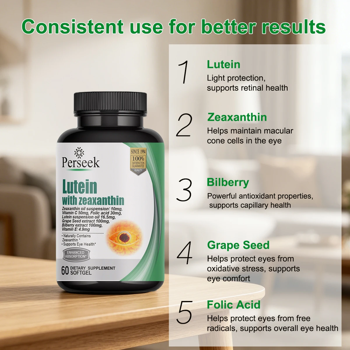 Capsules Lutéine & Zéaxanthine Perseek – Santé des Yeux 60 Softgels Certifié ISO/HACCP