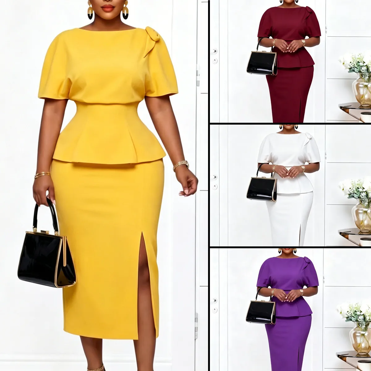 Robe Midi Élégante à Une Épaule & Volants – Coupe Crayon Taille Haute Style Africain