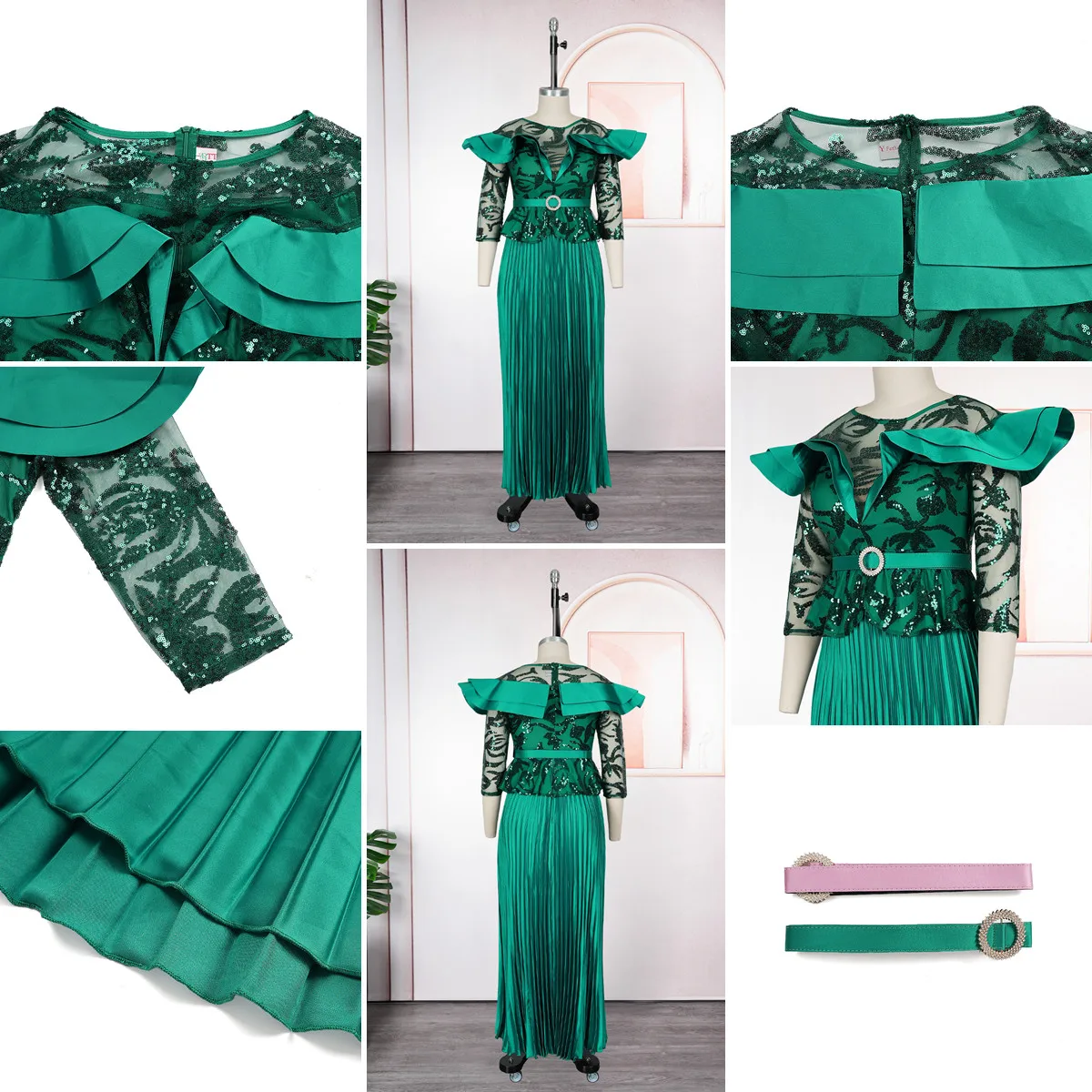 Robe de soirée luxueuse à paillettes – Col rond, manches longues, silhouette A-Line avec ceinture
