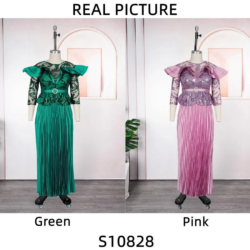 Robe de soirée luxueuse à paillettes – Col rond, manches longues, silhouette A-Line avec ceinture