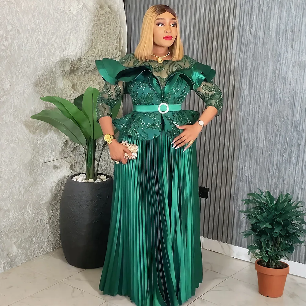 Robe de soirée luxueuse à paillettes – Col rond, manches longues, silhouette A-Line avec ceinture