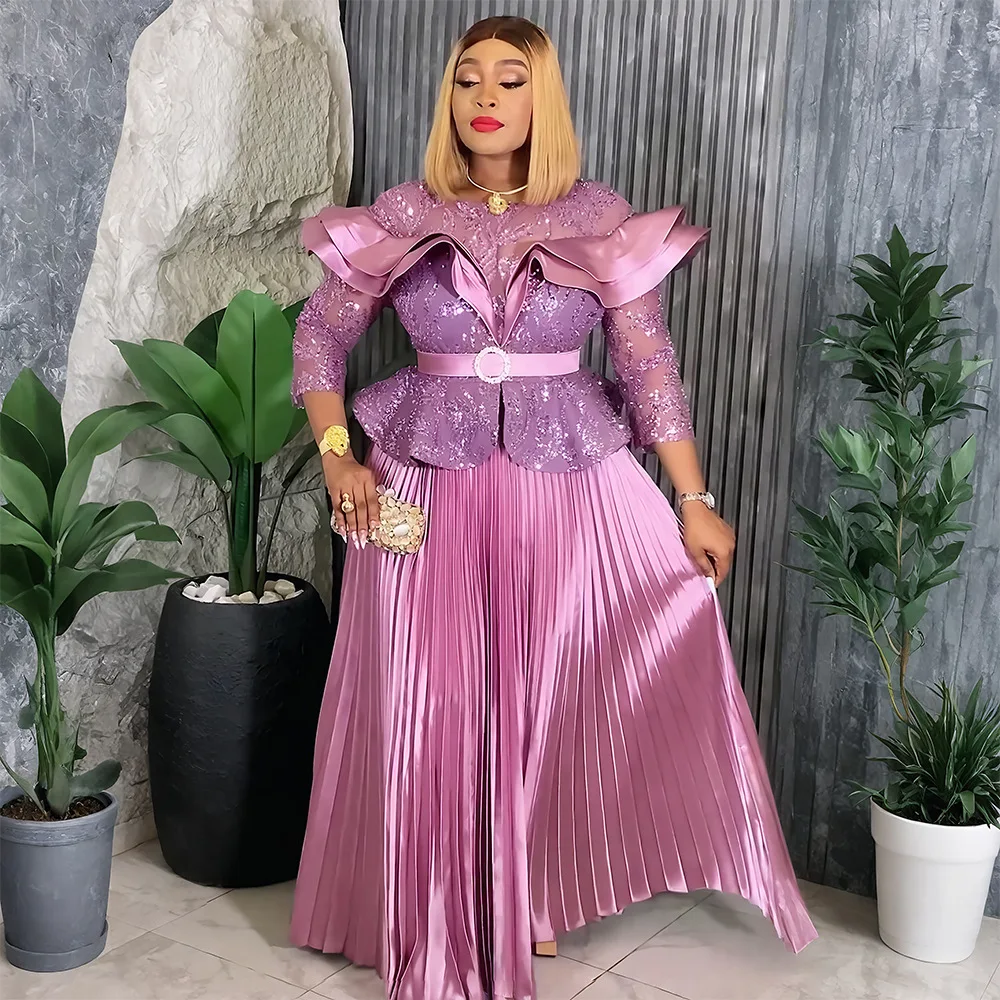 Robe de soirée luxueuse à paillettes – Col rond, manches longues, silhouette A-Line avec ceinture