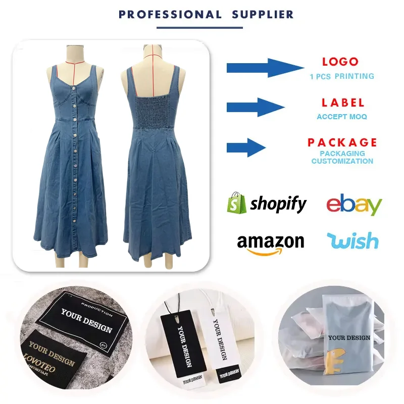 Robe en jean femme Y3004 – Col V, Sans manches, Coupe trapèze, Poches | Printemps-Été