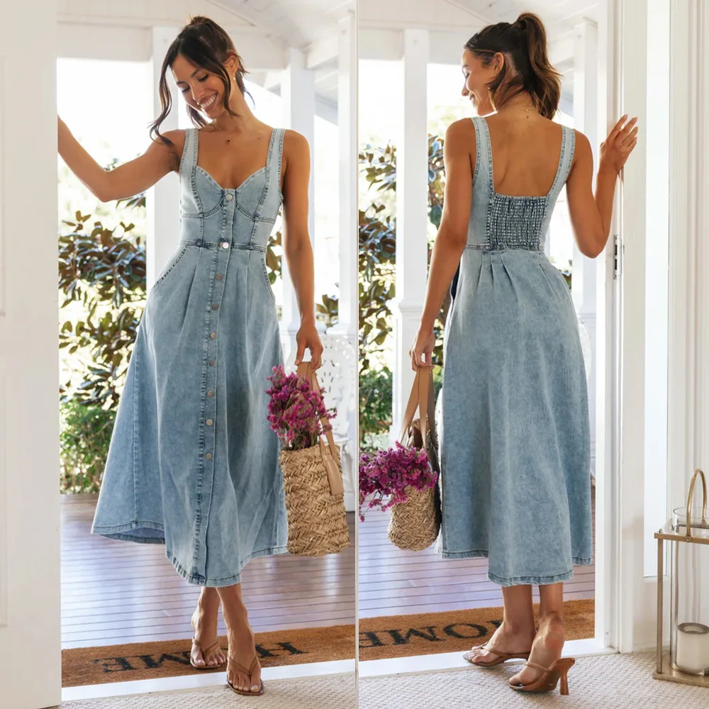 Robe en jean femme Y3004 – Col V, Sans manches, Coupe trapèze, Poches | Printemps-Été
