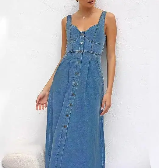Robe en jean femme Y3004 – Col V, Sans manches, Coupe trapèze, Poches | Printemps-Été