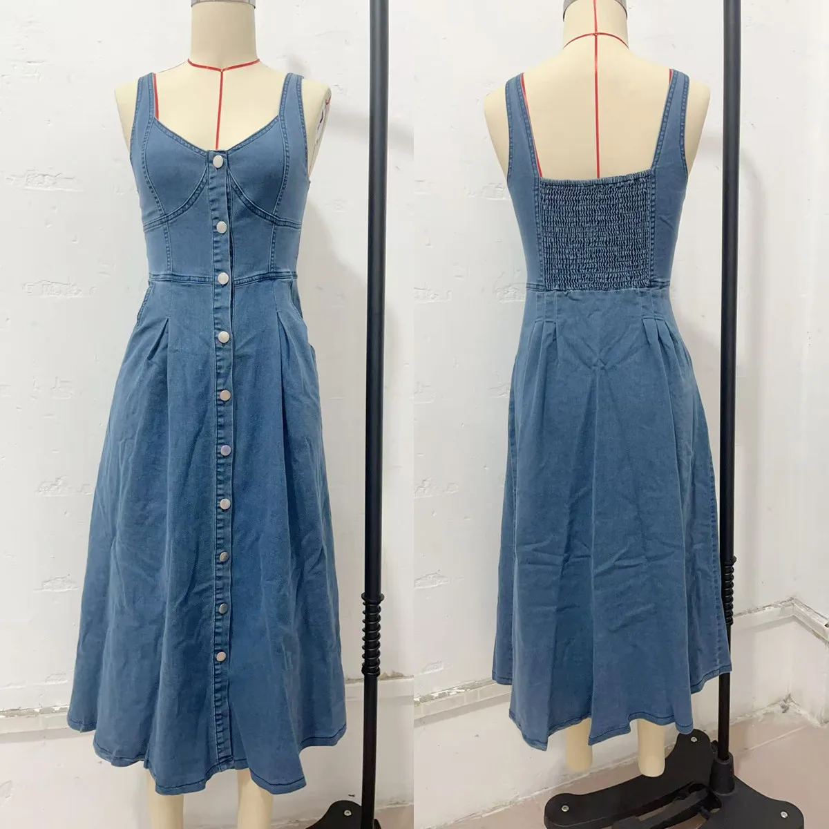 Robe en jean femme Y3004 – Col V, Sans manches, Coupe trapèze, Poches | Printemps-Été
