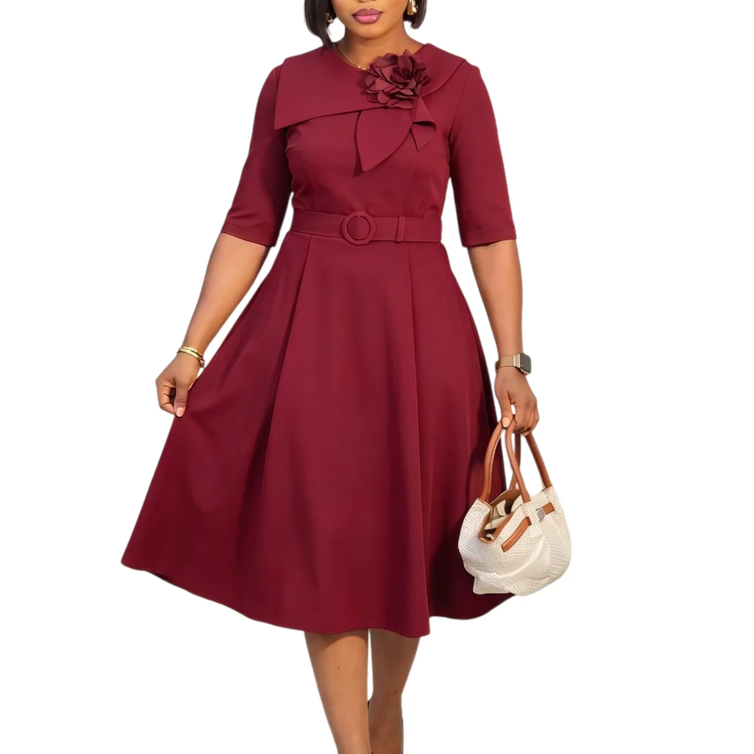Robe Midi Trapèze Élégante D3377 – Col Rond, Manches Mi-Longues, Ceinture Incluse