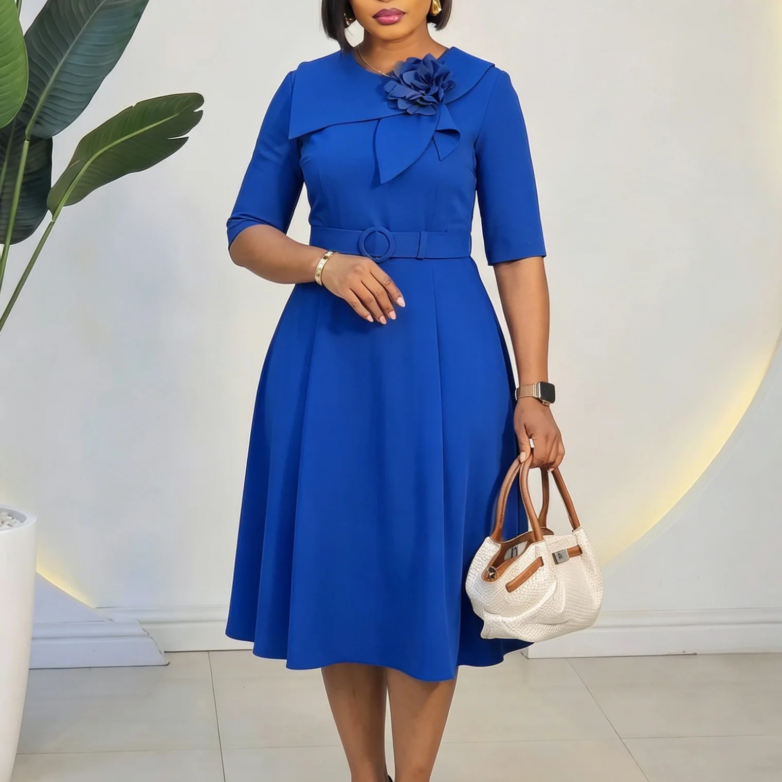 Robe Midi Trapèze Élégante D3377 – Col Rond, Manches Mi-Longues, Ceinture Incluse
