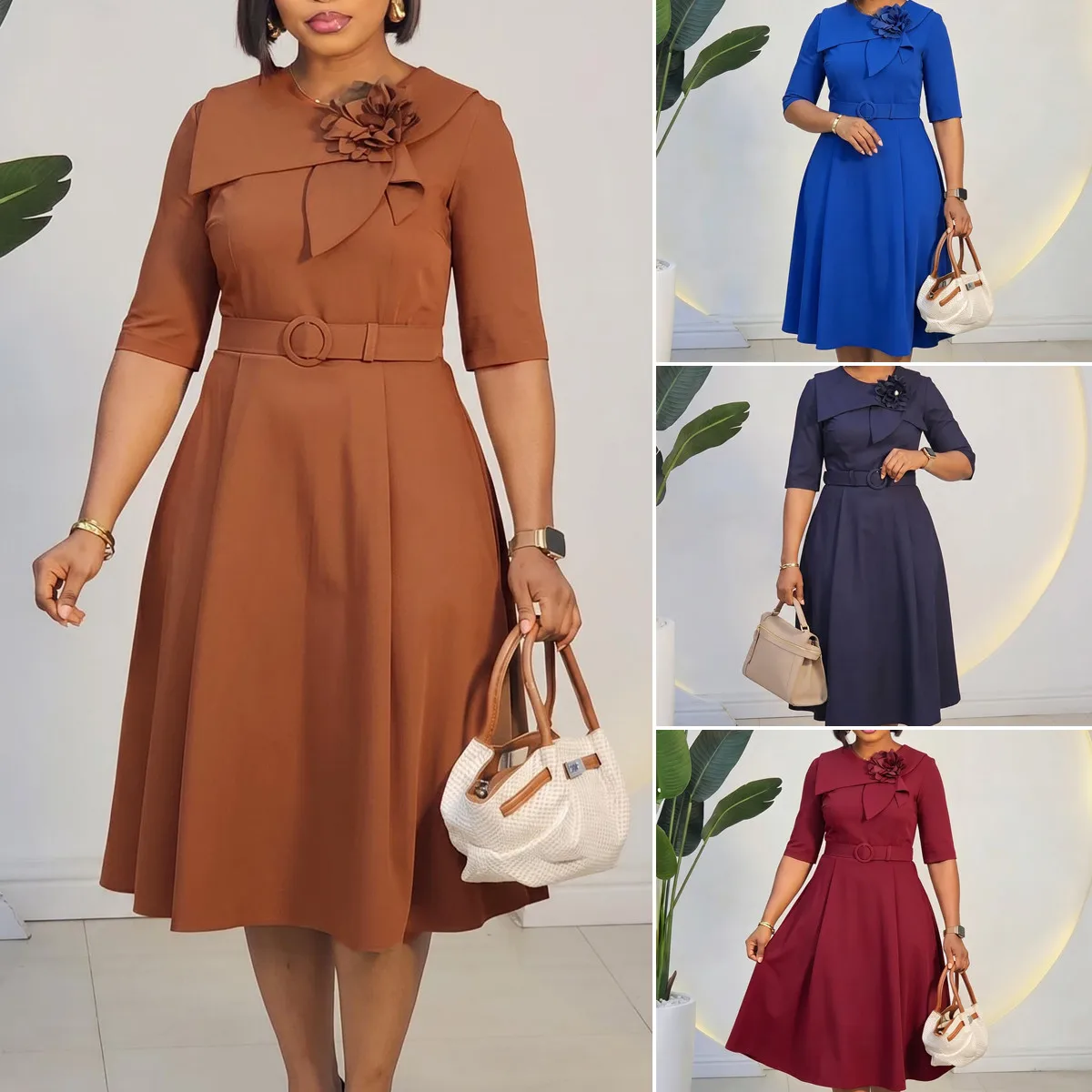 Robe Midi Trapèze Élégante D3377 – Col Rond, Manches Mi-Longues, Ceinture Incluse
