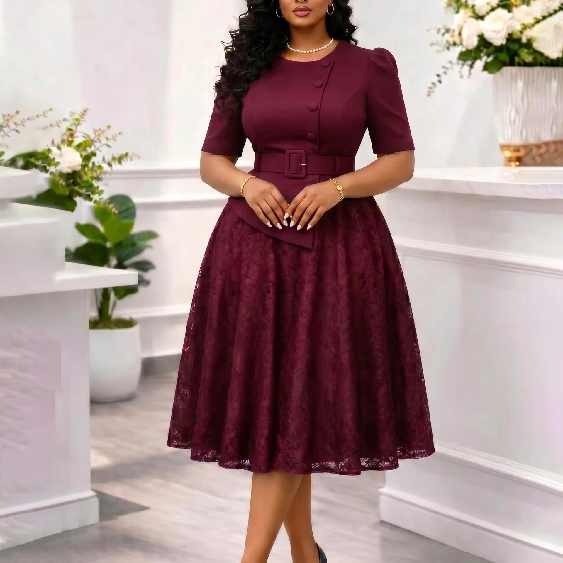 Robe deux pièces femme D637 – Élégante, dentelle & manches mi-longues | Style bureau