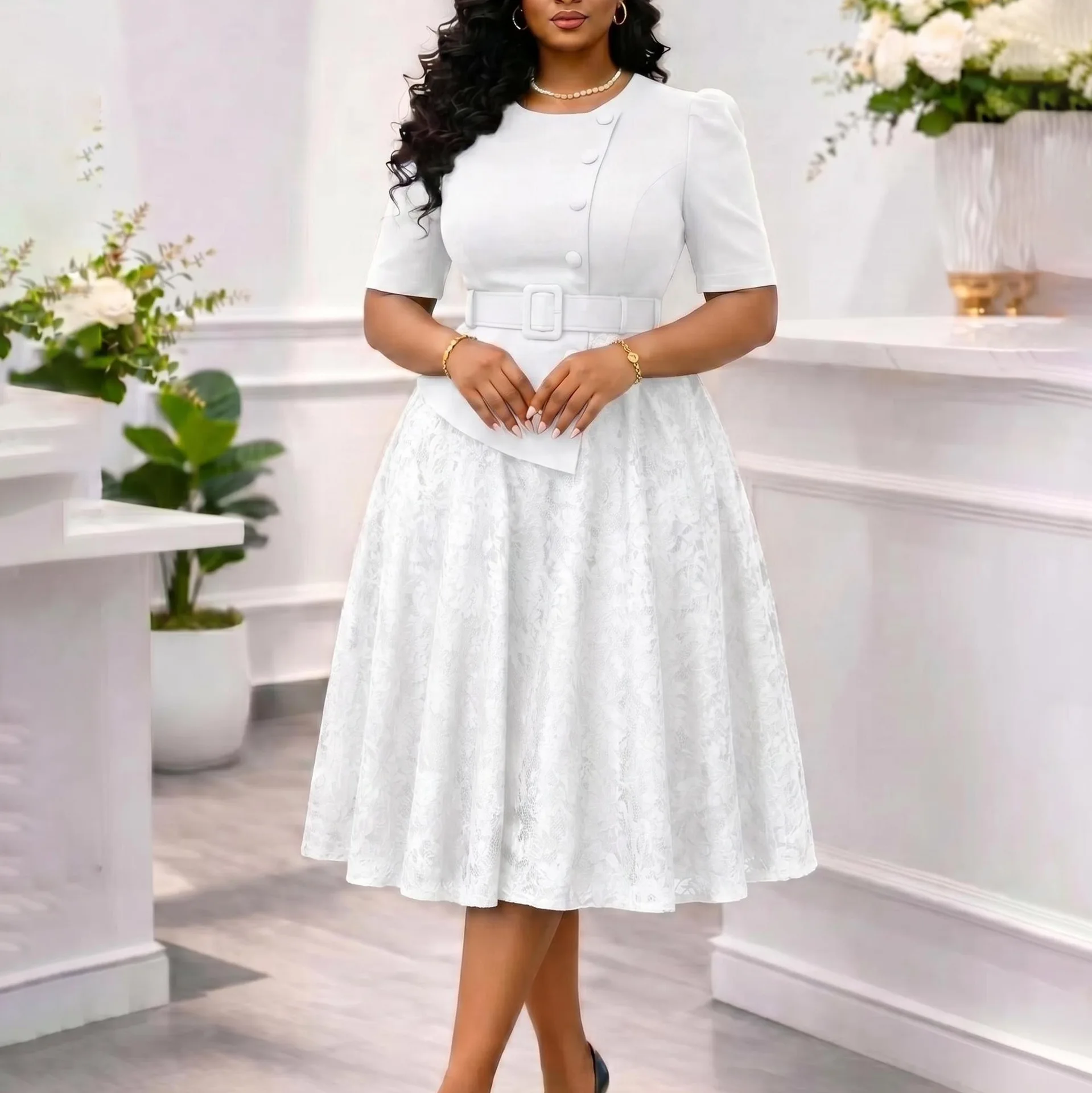 Robe deux pièces femme D637 – Élégante, dentelle & manches mi-longues | Style bureau
