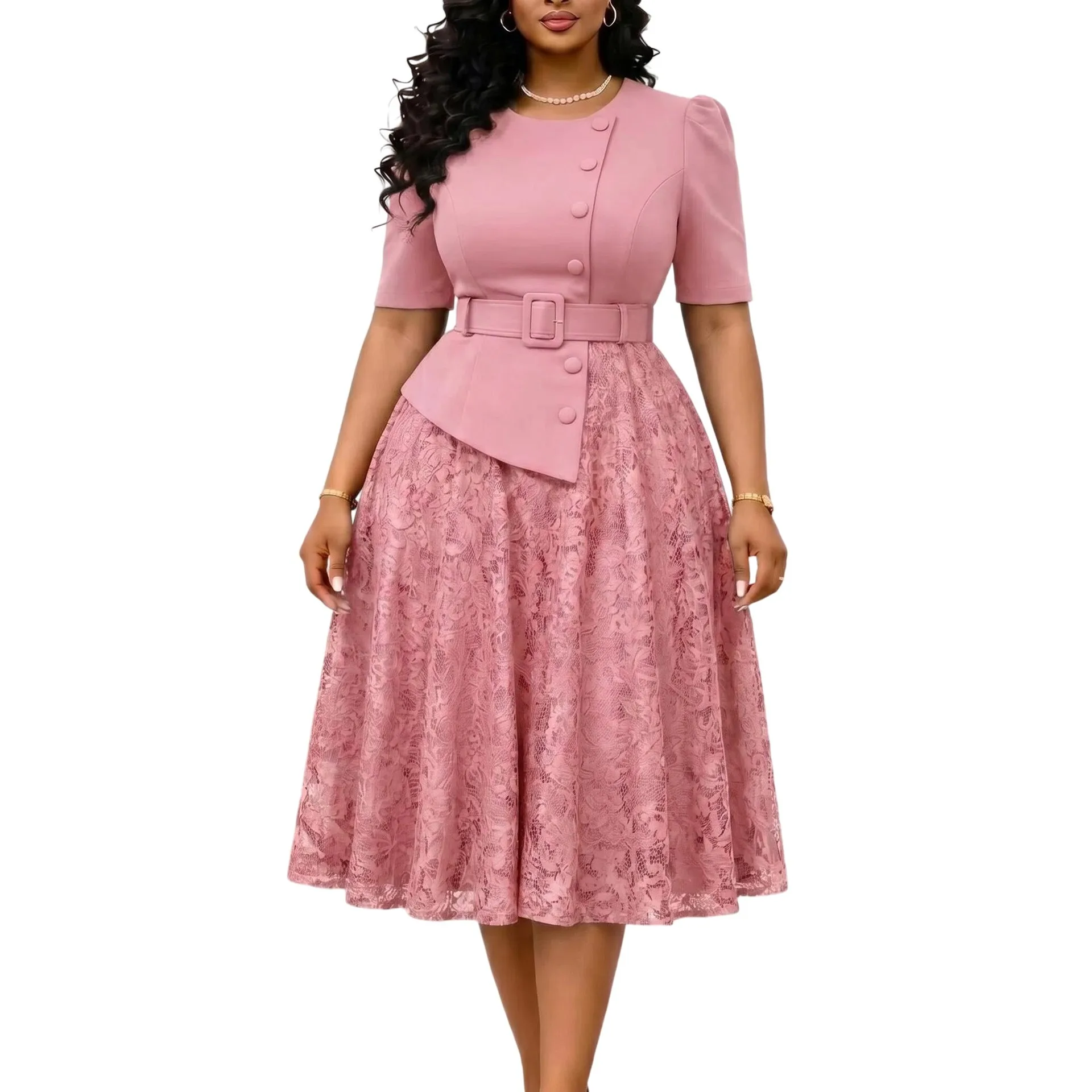 Robe deux pièces femme D637 – Élégante, dentelle & manches mi-longues | Style bureau