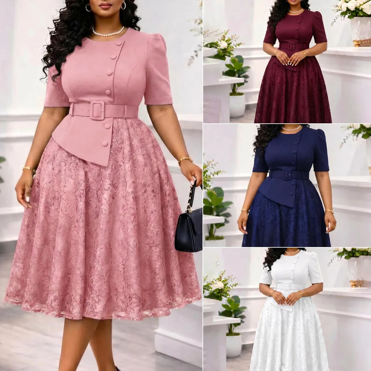Robe deux pièces femme D637 – Élégante, dentelle & manches mi-longues | Style bureau