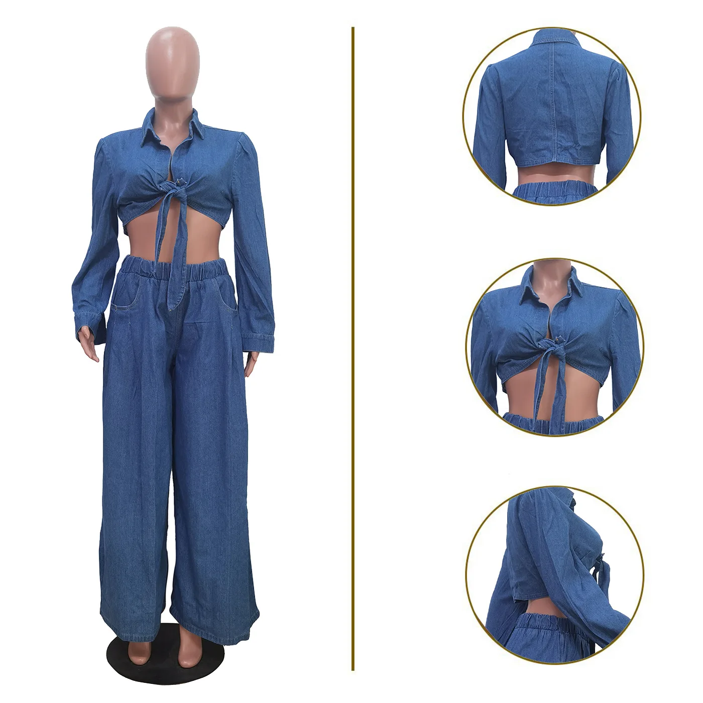 Ensemble Jean 2 Pièces Femme – Blouse & Pantalon Large Chic et Décontracté