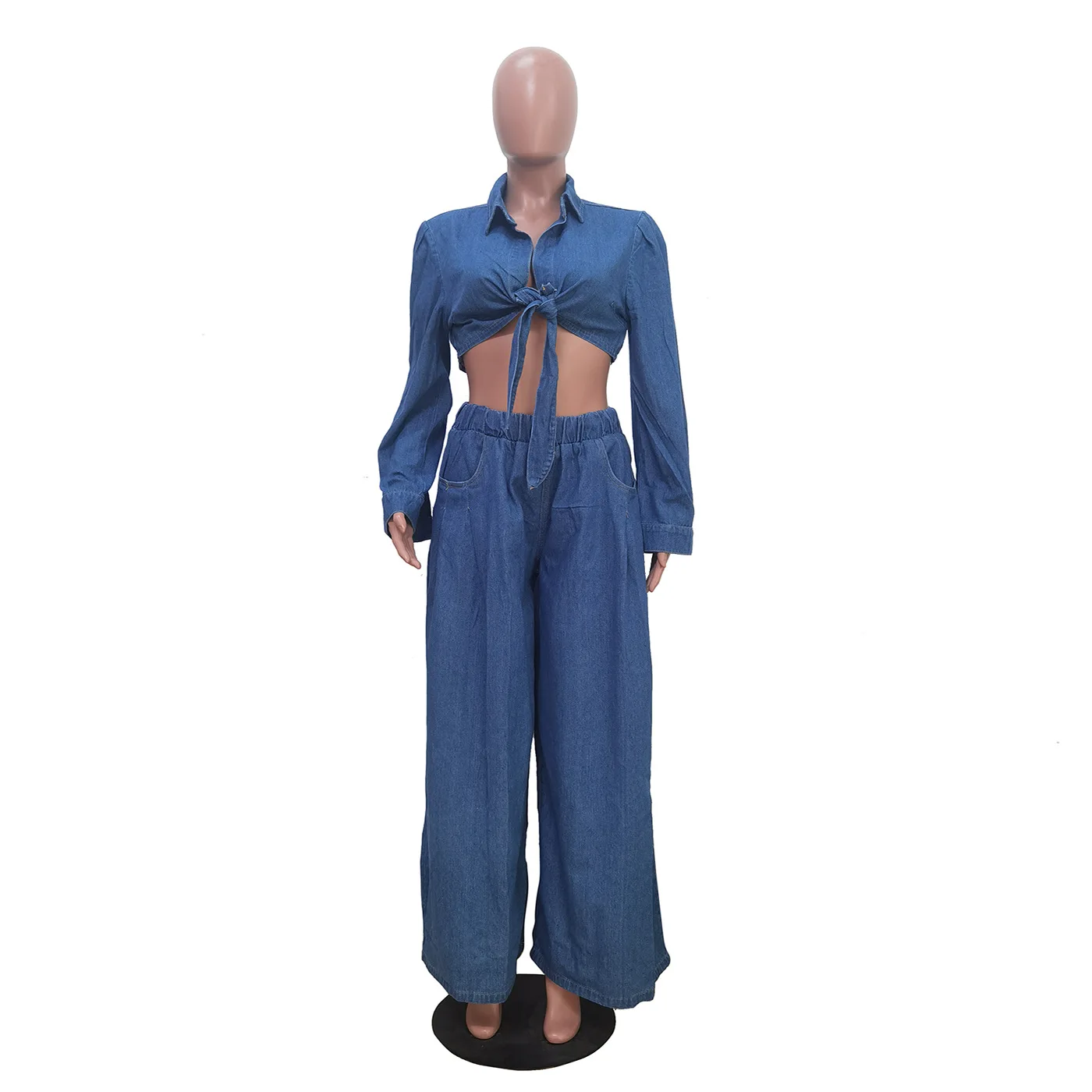 Ensemble Jean 2 Pièces Femme – Blouse & Pantalon Large Chic et Décontracté