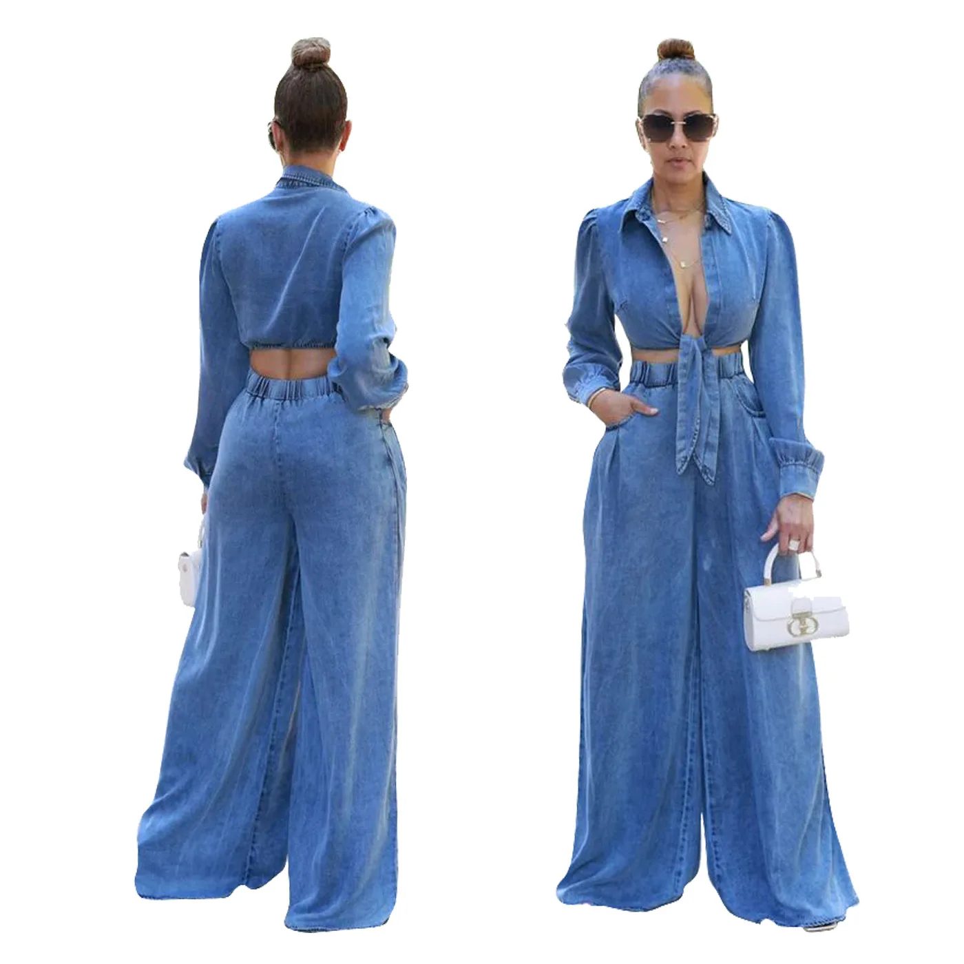 Ensemble Jean 2 Pièces Femme – Blouse & Pantalon Large Chic et Décontracté