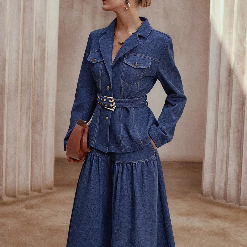 Ensemble 2 pièces jean femme – Veste col V & jupe longue style A avec ceinture