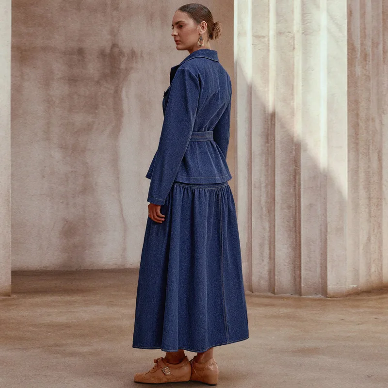 Ensemble 2 pièces jean femme – Veste col V & jupe longue style A avec ceinture