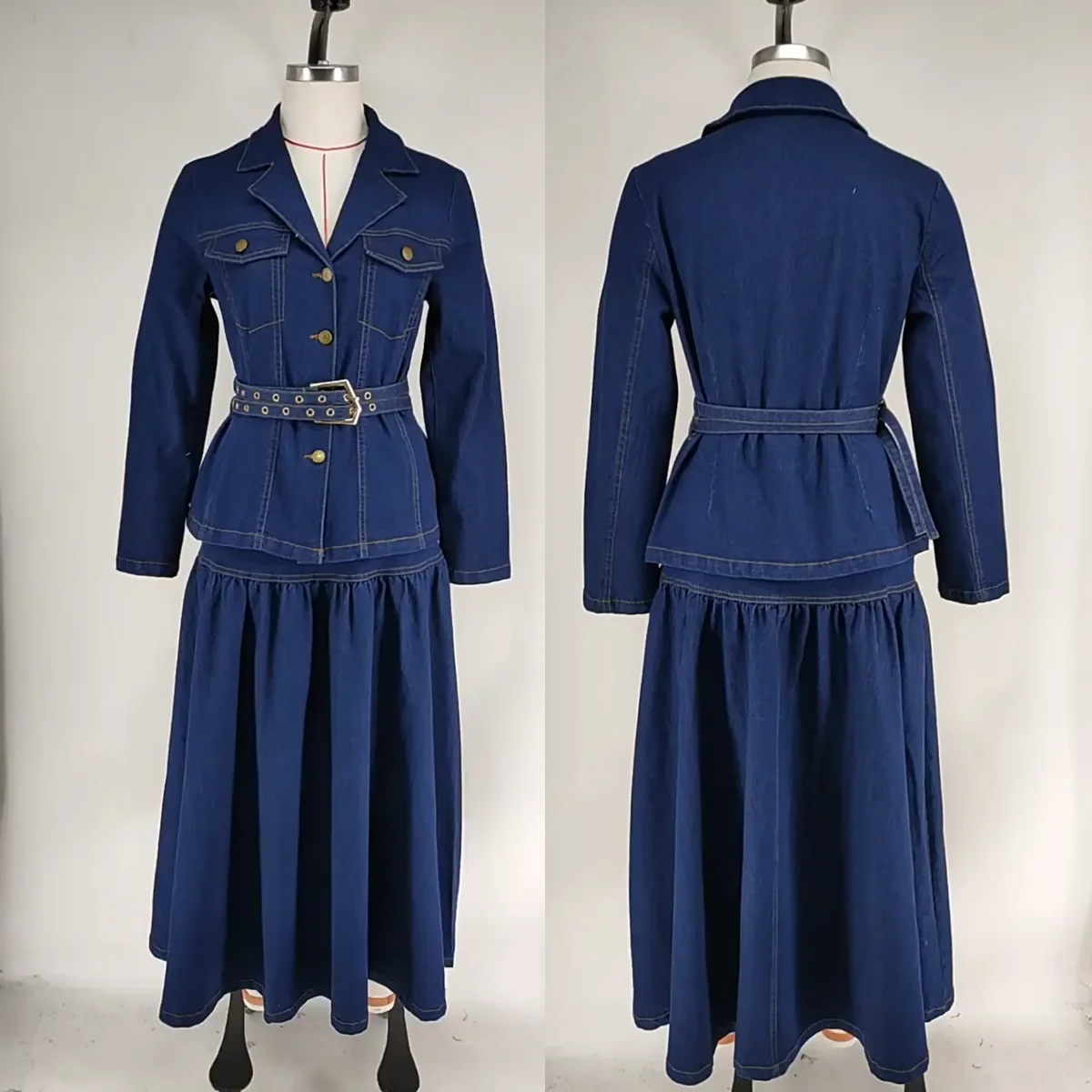 Ensemble 2 pièces jean femme – Veste col V & jupe longue style A avec ceinture