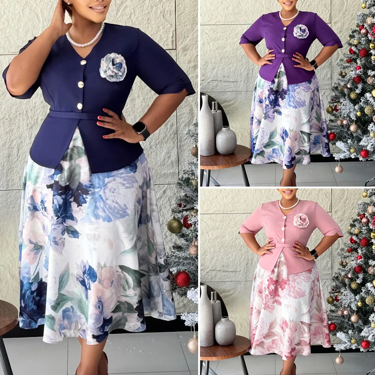 Robe Deux Pièces Effet Illusion Col V | Imprimé Floral | Élégante & Décontractée