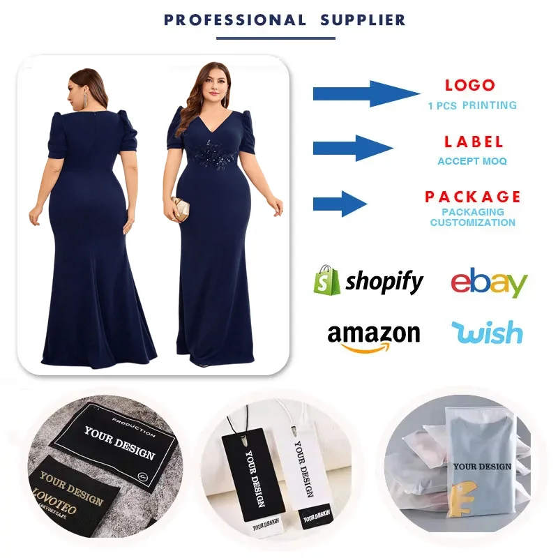 Robe Sirène Grande Taille LY2454D – Col V, Manches Bouffantes & Broderie Perlée