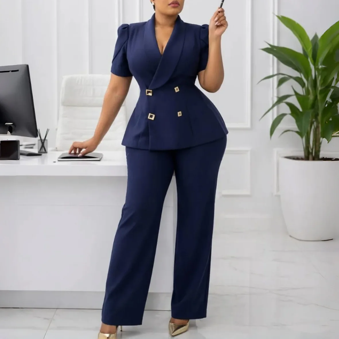 Ensemble femme chic : haut à double boutonnage & pantalon large taille haute – Bureau & Casual