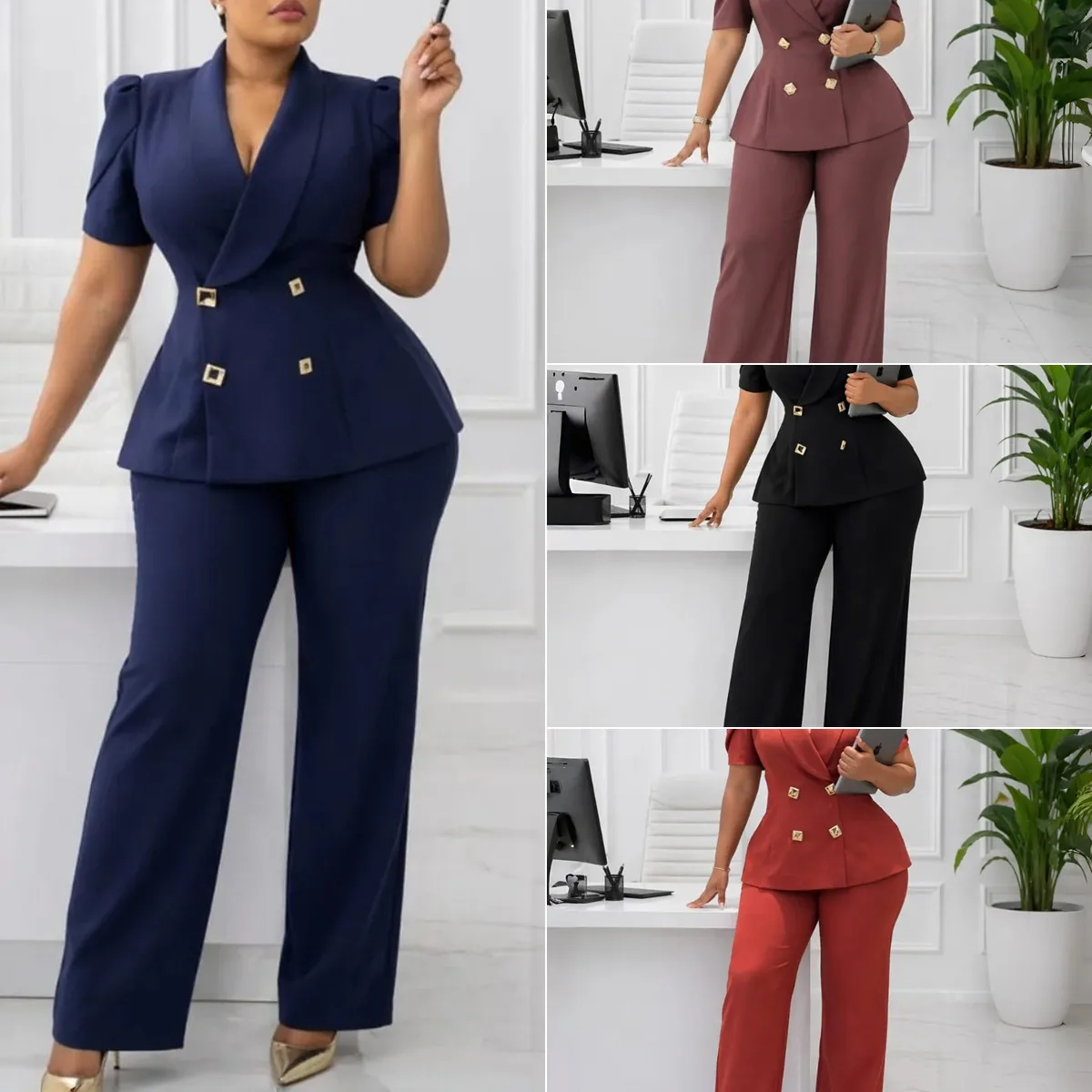 Ensemble femme chic : haut à double boutonnage & pantalon large taille haute – Bureau & Casual