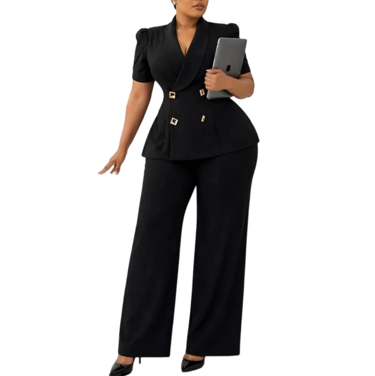 Ensemble femme chic : haut à double boutonnage & pantalon large taille haute – Bureau & Casual