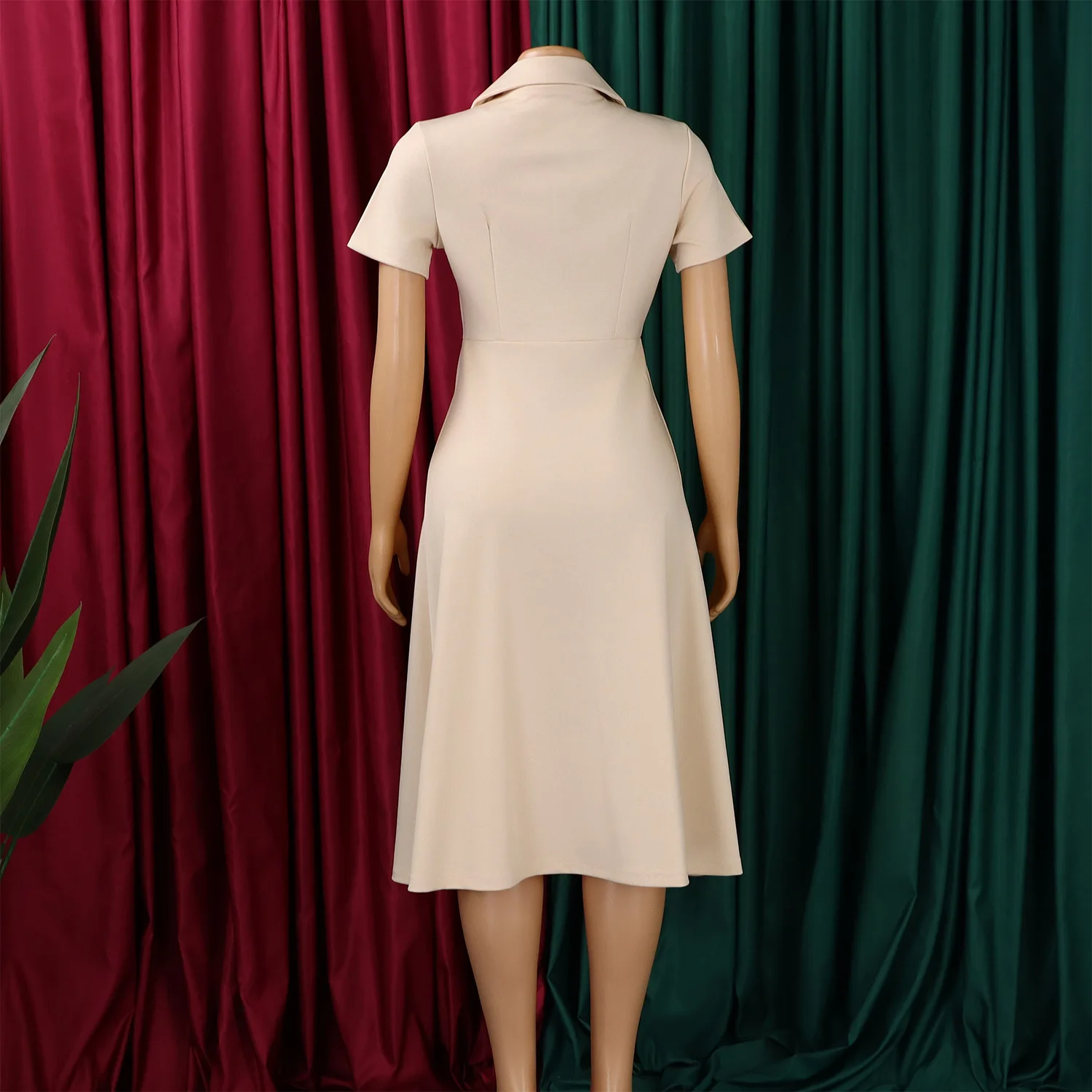 Robe Midi Femme Col V Manches Courtes | Color Block Élégante Bureau & Casual D3360