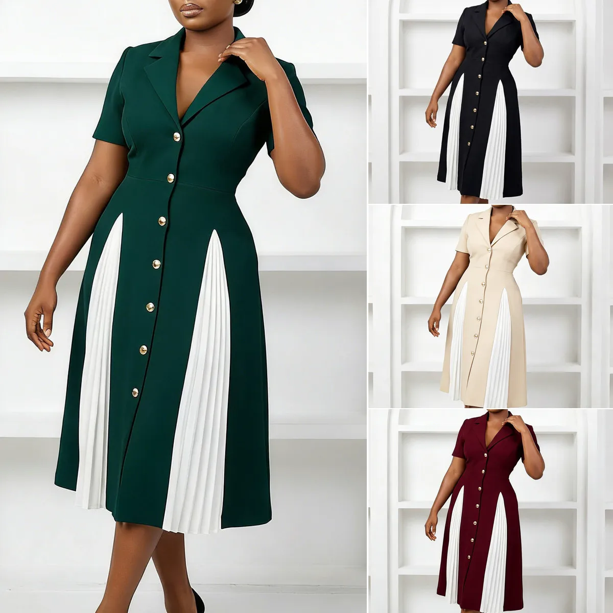 Robe Midi Femme Col V Manches Courtes | Color Block Élégante Bureau & Casual D3360