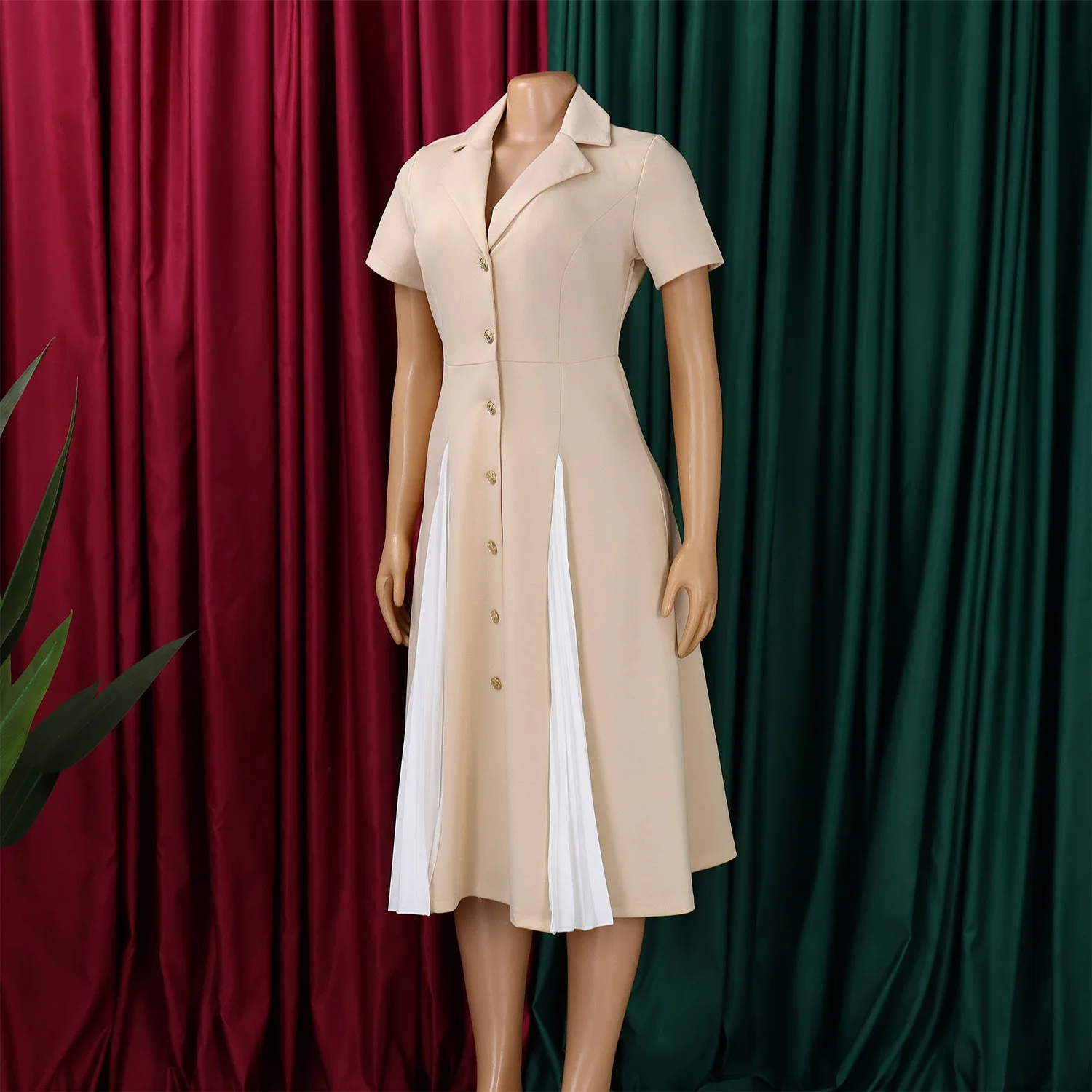 Robe Midi Femme Col V Manches Courtes | Color Block Élégante Bureau & Casual D3360