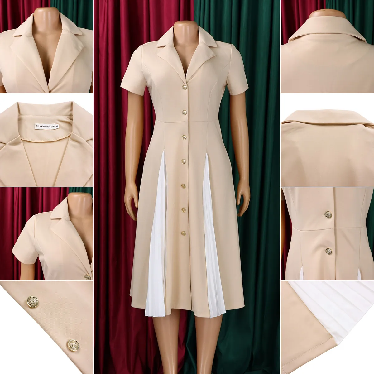 Robe Midi Femme Col V Manches Courtes | Color Block Élégante Bureau & Casual D3360