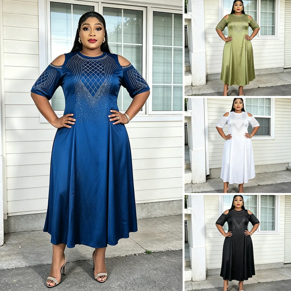 Robe Midi Africaine S9915 – Épaules Dénudées, Strass & Perles, Style Élégant