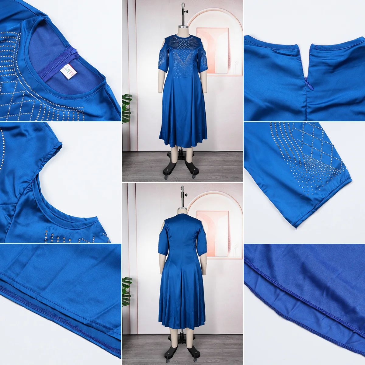 Robe Midi Africaine S9915 – Épaules Dénudées, Strass & Perles, Style Élégant
