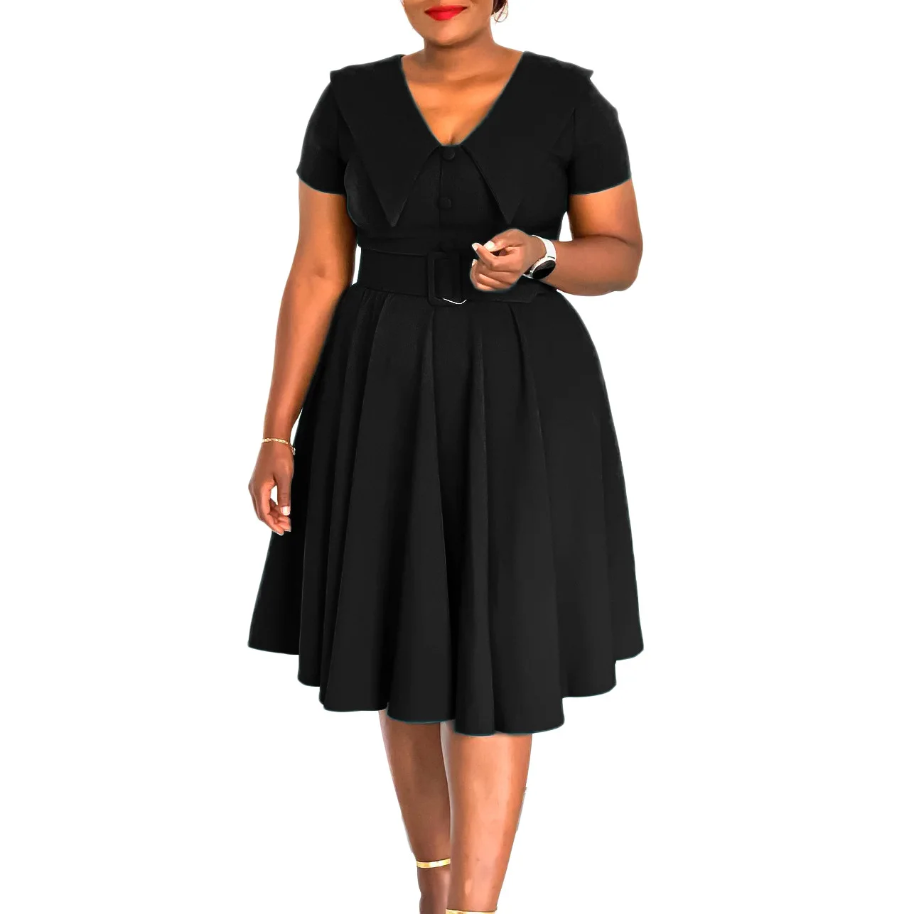 D588 Robe Femme Midi Trapèze Col Peter Pan – Élégante & Décontractée, Style Africain