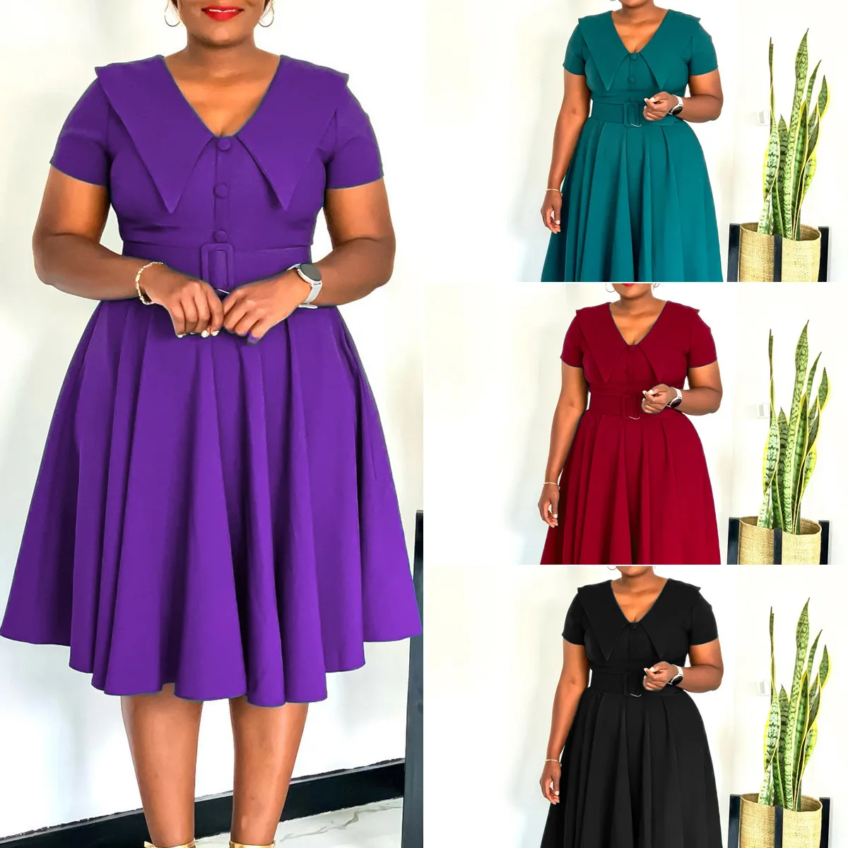 D588 Robe Femme Midi Trapèze Col Peter Pan – Élégante & Décontractée, Style Africain