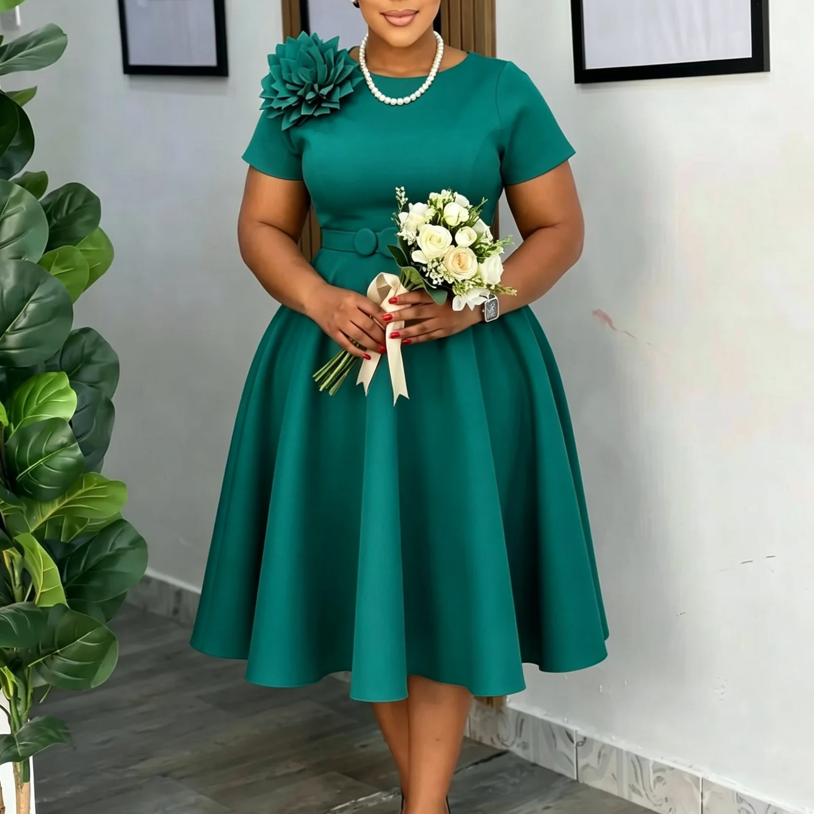 Robe Midi Femme D636 – Coupe Trapèze, Col Rond, Fleurs 3D & Ruché, Style Bureau