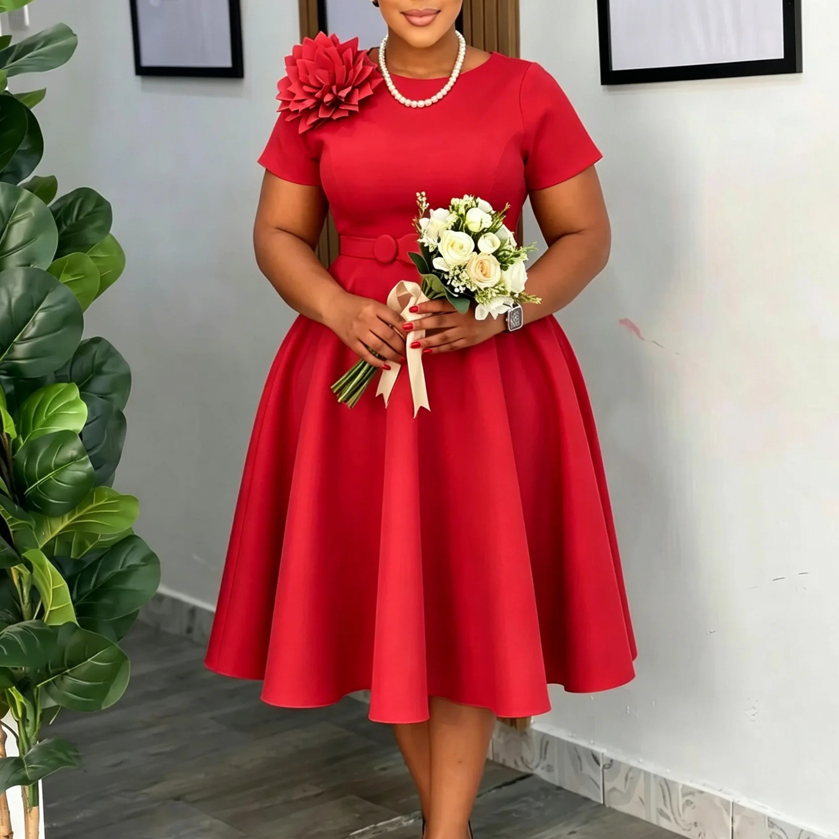 Robe Midi Femme D636 – Coupe Trapèze, Col Rond, Fleurs 3D & Ruché, Style Bureau