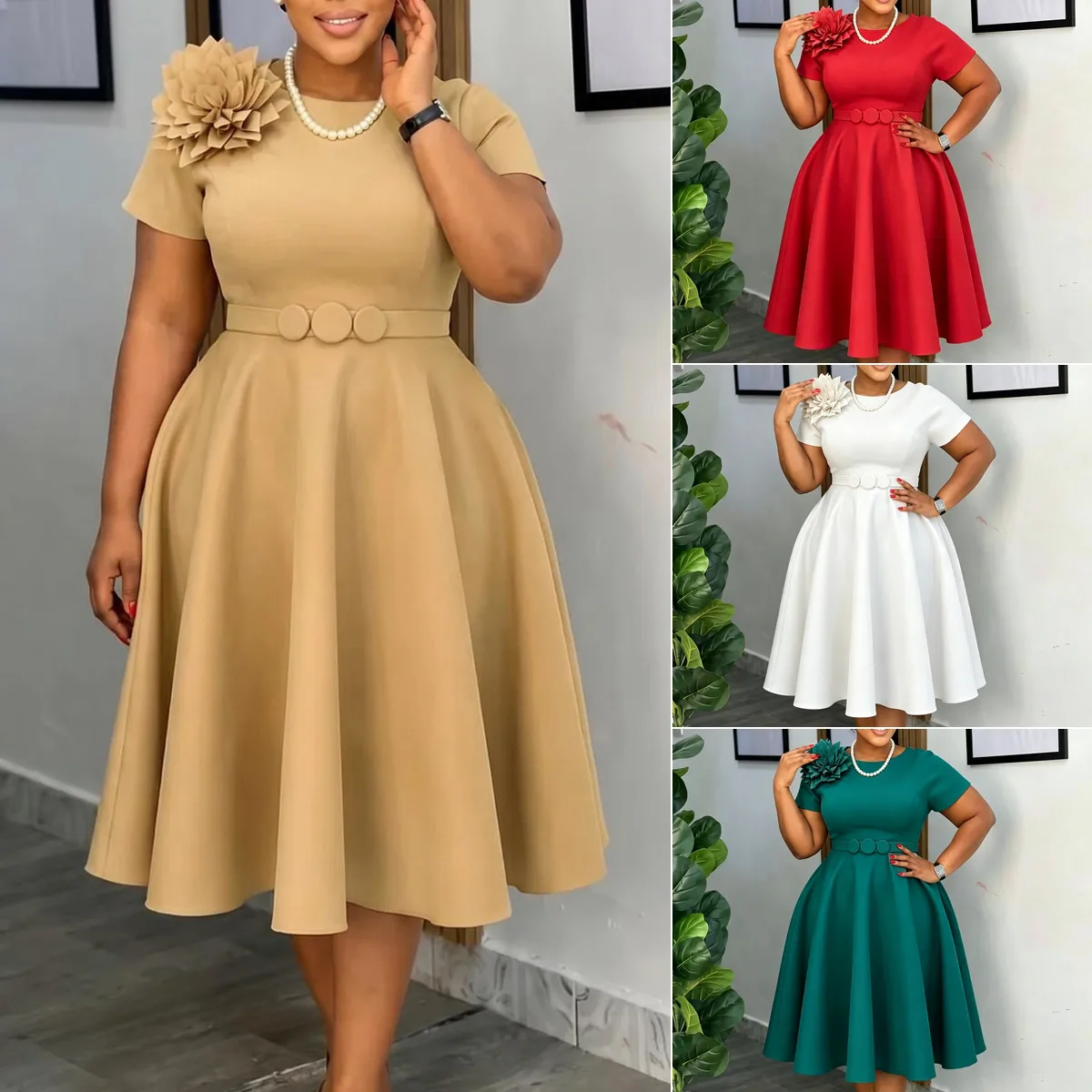 Robe Midi Femme D636 – Coupe Trapèze, Col Rond, Fleurs 3D & Ruché, Style Bureau