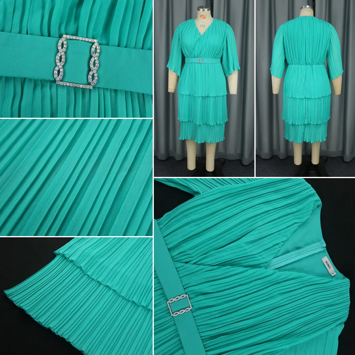 Robe Midi Femme Chic Col V Manches Évasées 3 Couches Plissées Mousseline – Élégante & Légère