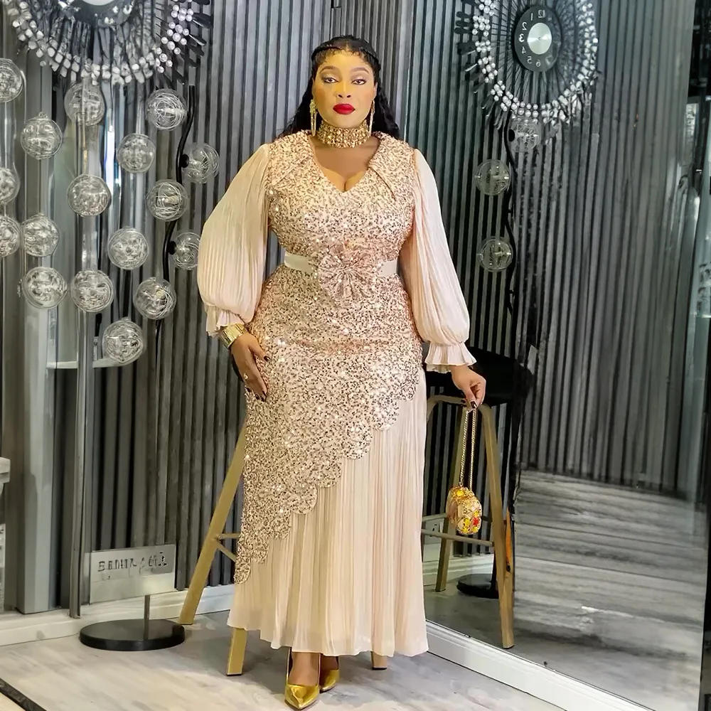 Robe de soirée luxe S10925 – Col V, manches bouffantes, broderies & paillettes, coupe sirène maxi