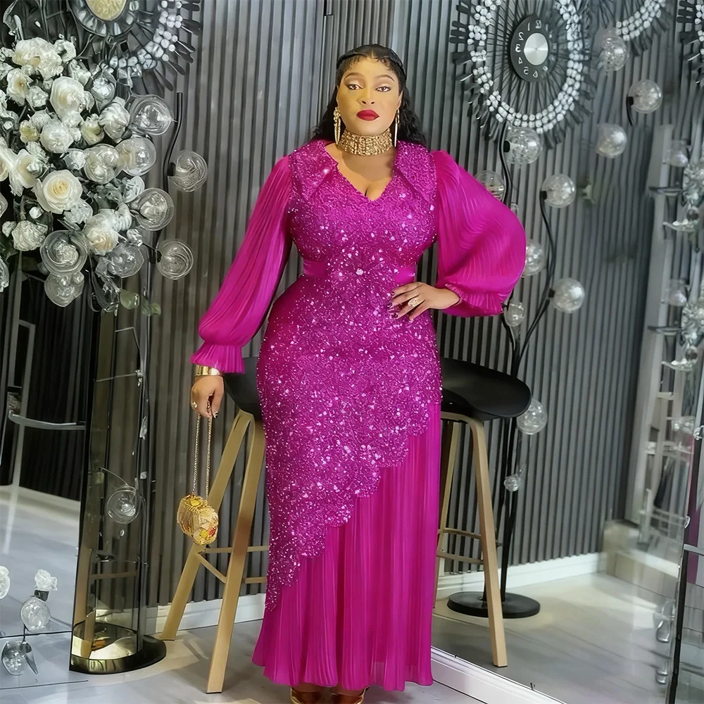 Robe de soirée luxe S10925 – Col V, manches bouffantes, broderies & paillettes, coupe sirène maxi