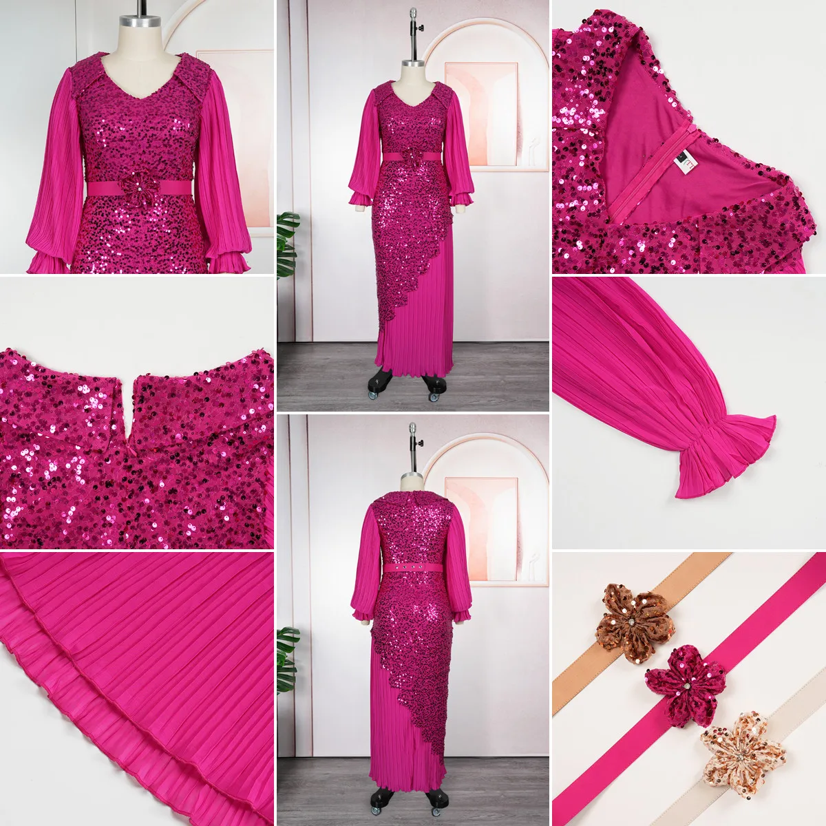 Robe de soirée luxe S10925 – Col V, manches bouffantes, broderies & paillettes, coupe sirène maxi